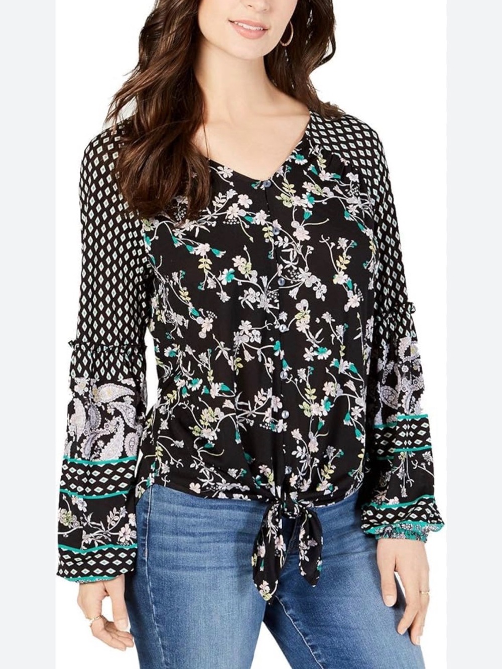 Style & Co. Black Floral Tie-Front Blouse with Teal Accents